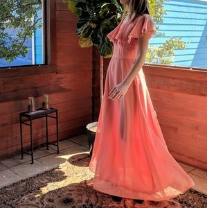 Vtg 1970's Peach Chiffon Boho Maxi Gown